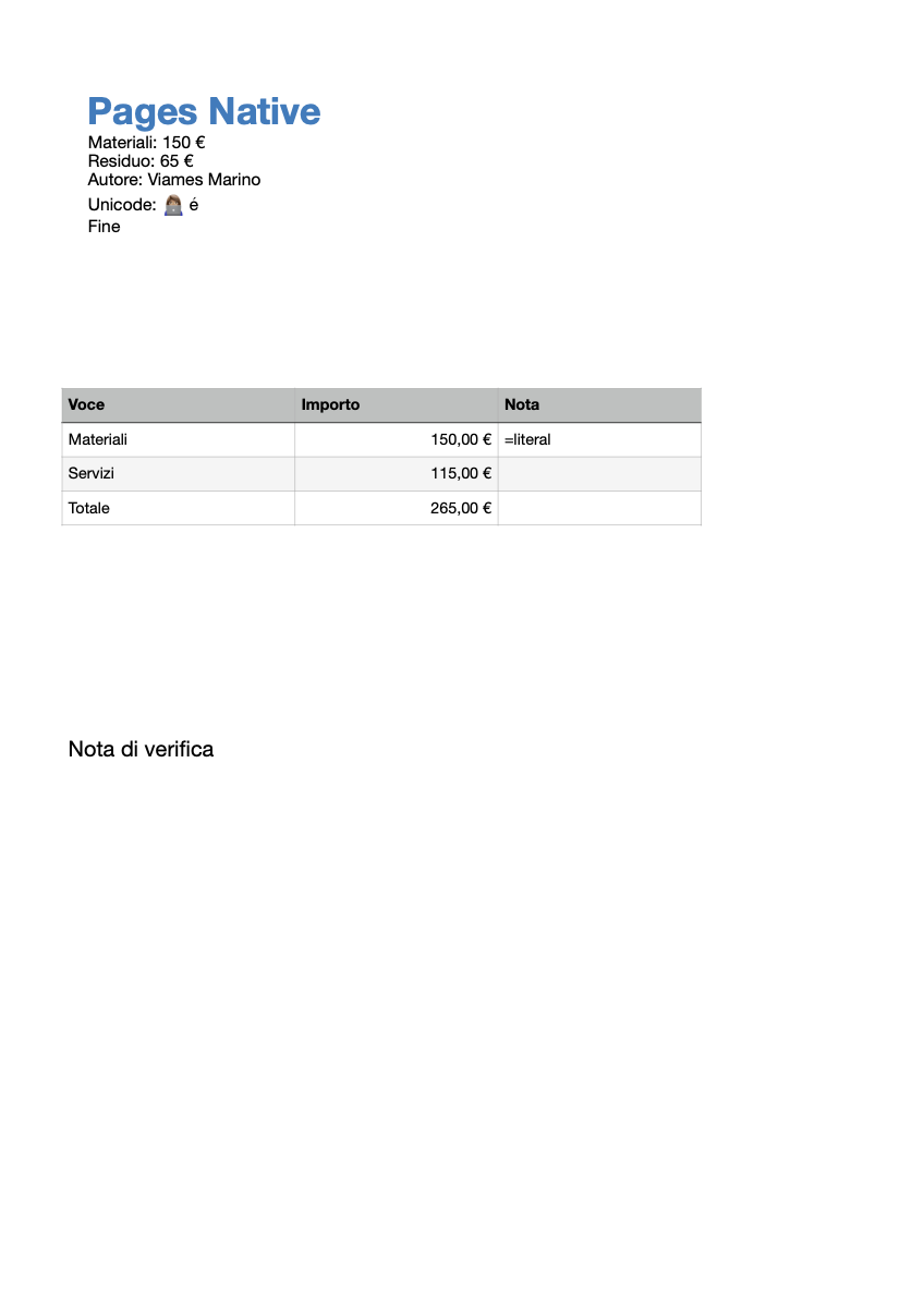 Synthetic Pages document showing a blue heading, expense table with calculated total and text item